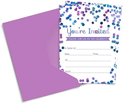 Purple Confetti Invitations with Envelopes (15 Pack) Invites for Girls Birthday, Baby Shower, Teens, Kids, Graduation, Any Party – Abstract Watercolor Dot Theme – Personalize Blank Cards 4x6 Set