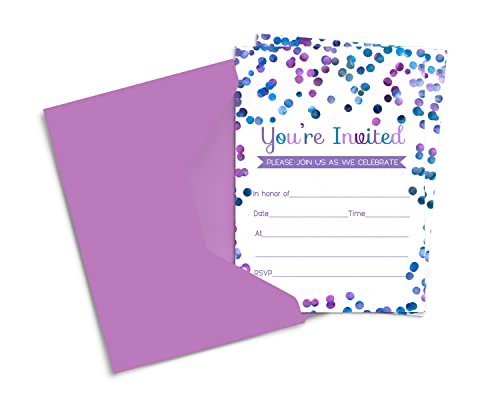 Purple Confetti Invitations With Envelopes (15 Pack) Invites For Girls Birthday, Baby Shower, Teens, Kids, Graduation, Any Party – Abstract Watercolor Dot Theme – Personalize Blank Cards 4X6 Set #TOP9