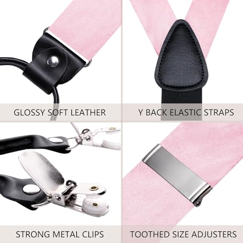 Image of Hi-Tie Men Suspender Bowtie Set Suspenders Pre-tied Bow Tie Pocket Square Cufflinks Adjustable Y Shape 6 Clips Braces Tuxedo