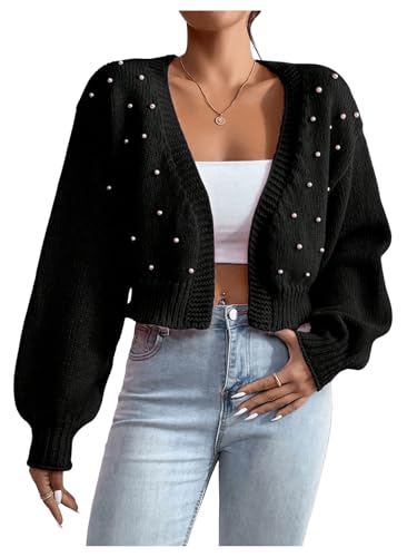 Image of SHENHE Women's Pearl Beaded Open Front Cardigan Oversize V Neck Drop Shoulder Cropped Sweater
