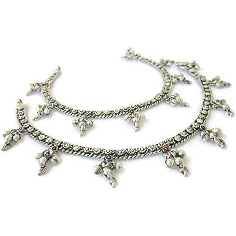 Womens Anklet Bracelet Pair Handcrafted Metal Brass Plated Silver Vintage Antique | Fine Solder Welding Indian Ghungroo Bell Paisley Flower Cutting Payal | Boho Gypsy Hippie Kuchi Ethnic Style Cover
