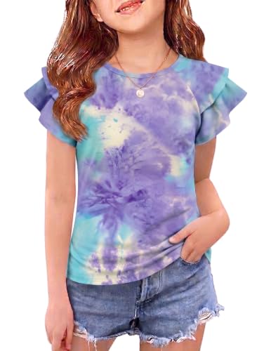 Image of Girls T Shirts Ruffle Short Sleeve Round Neck Loose Blouse Summer Solid Color Casual Girl Tee Tops for 3-12 Years