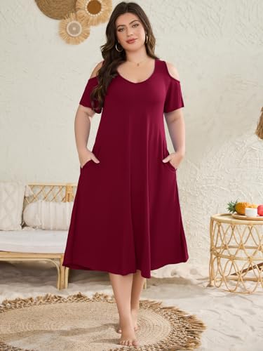 Image of LARACE Plus Size Women Dress for Summer, Midi Women's Sundress, Casual V-Neck Short Sleeve Flowy T-Shirt Dresses with Pockets