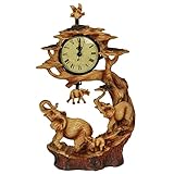 EVERSPRING Import Elephant Family Wood Like Carving Clock Figurine 12.5 Inch