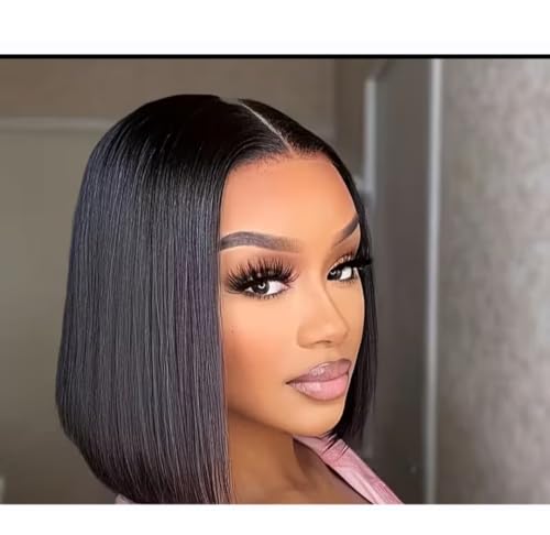 Straight Bob Wig, Short Human Hair Lace Front, Natural Black,
