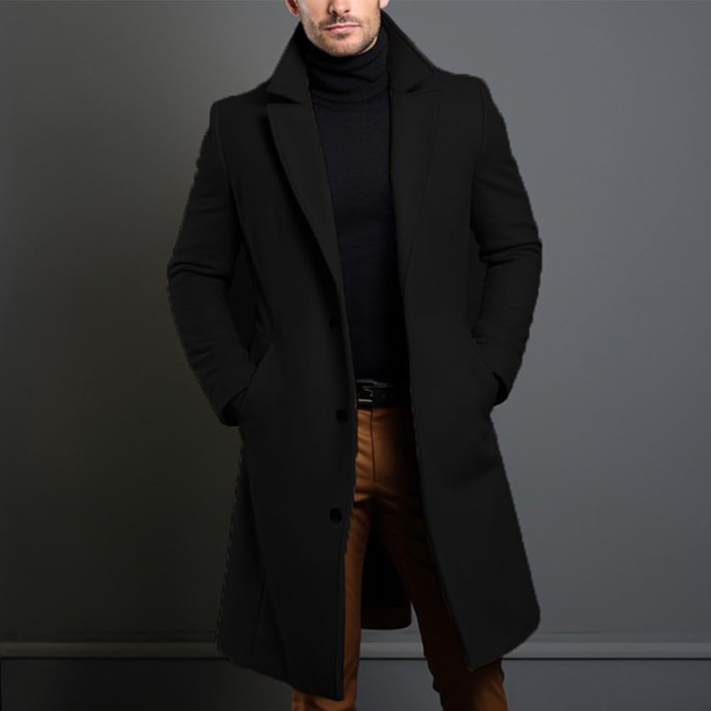 Trench de lujo negro para hombre, cierre simple, largo y cálido (M negro)