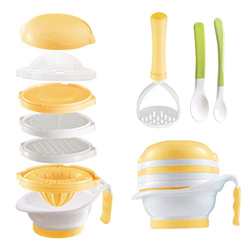Matyz Versatile Baby Food Maker Set - Toddler Food Mills with Mash Bowl, Hand Masher, Citrus Juicer, Grater - Making Homemade Baby Food - Fruits and Vegetables Masher - No BPA (Yellow)