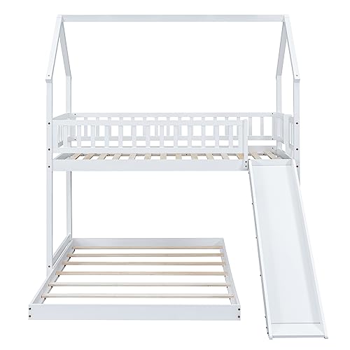 Image of Bellemave Twin Over Full Bunk Bed with Slide and Built-in Ladder, House Shaped Solid Wood Bunk Beds with Full-Length Guardrail for Kids,Teens, Adults, No Box Spring Required, White