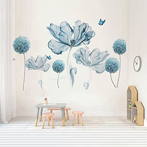 Blue Flowers Wall Decals Large Wall Art Decal Home Wall Flower Vinyl Removable Mural For Living Room Bedroom School Home Office ( Set Of 2 Variants) #TOP3