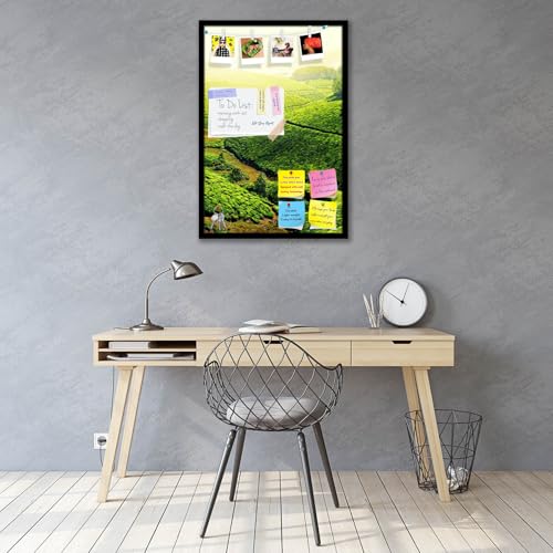 Image of ArtzFolio Tea Plantations, Munnar, Kerala | Bulletin Board Notice Pin Board | Vision Soft Board Combo with Thumb Push Pins & Sticky Notes | Black Frame | 24 x 36 inch (61 x 91 cms)