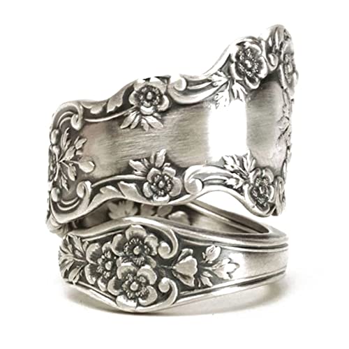 Vintage Flowers Spoon Rings Promise Wedding Engagement Statement Boho Circling Rose Flower Cluster Finger Open Ring Adjustable Extendable Wrap Bands for Women Men Retro Jewelry2