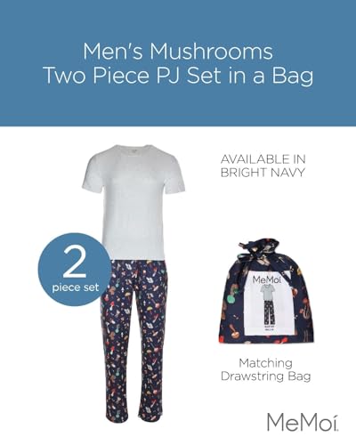 MeMoi Men's Mushrooms Two Piece PJ Set in a Bag Bright Navy M2