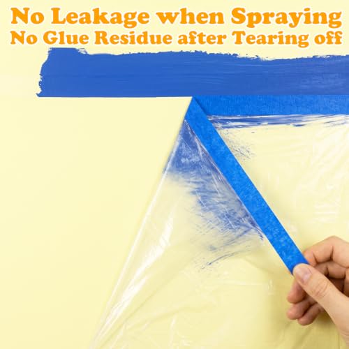 Image of 4 Rolls Painters Plastic with Tape 8.8 x 88 Feet Pre-Taped Masking Film Paint Plastic Covering for Painting, Automotive Covering and Appliance Protection