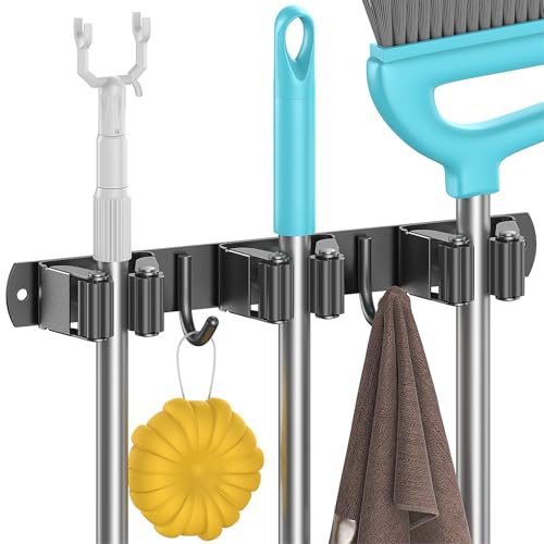 Juspota Self Adhesive Wall Broom Holder with 3 Holders and 2 Hooks, Stainless Steel Screwable Wall Broom Holder, Space-Saving Mop Holder, Black