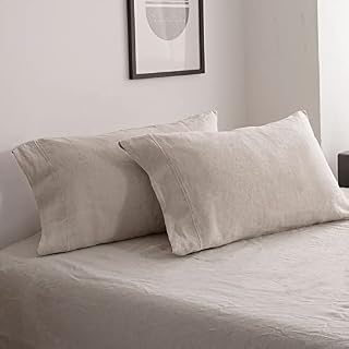 Simple&Opulence 100% Linen Pillow Cases 2 Pack, Luxury Hypoallergenic Breathable Pillow Cover with Envelope Closure, Standard Size Pillowcases with Embroidery, 50 x 75 cm,Natural Linen,Beige