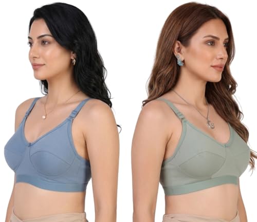 Image of Pack of 2 Women's Pure Cotton Non-Padded Wire-Free Everyday Bra | Full Coverage Seamed Cups with Wide Adjustable Straps | Everyday Comfort
