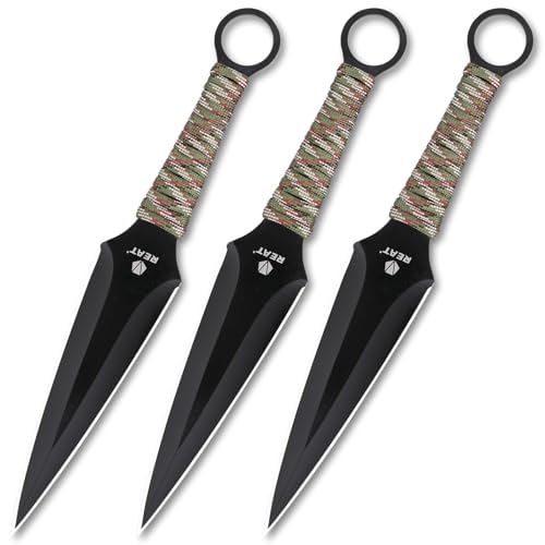 REAT Throwing Knives - 3 Piece, 9' 440 Stainless Steel with Cord-Wrapped Handle, Includes Nylon Carrying Case for Safe Storage,Ninja Kunai Knives for Competition,Recreation,Gifts for Men,Women