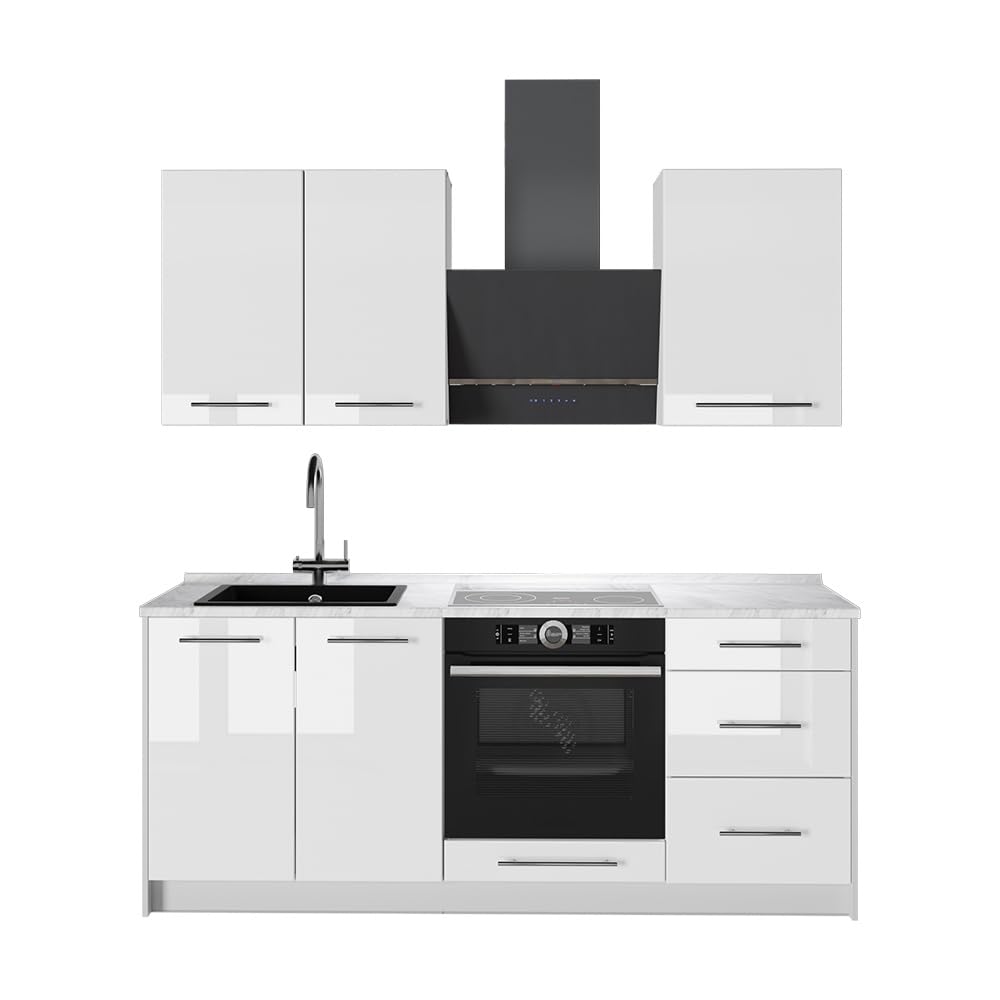 Vicco Singleküche Fame-Line, Weiß Hochglanz/Weiß, 190 cm | AP Marmor, zur individuellen Erweiterung mit kompatiblen Modulen