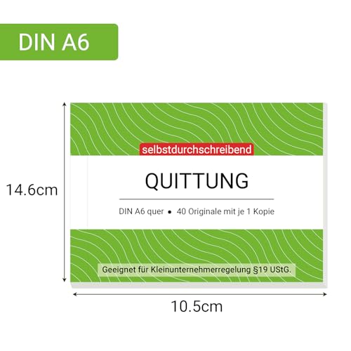 YBCPACK 12 Stück Quittungsblock mit Durchschlag für Kleinunternehmer, Quittung A6 quer, 2x40 Blatt, ohne MwSt. - durchschreibend