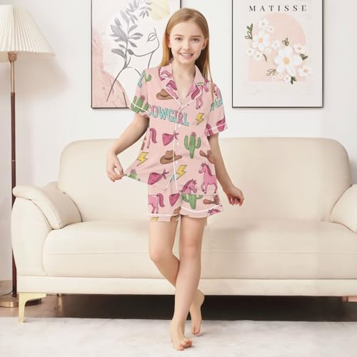 Satin Pajama Sets Short Sleeve Cowgirl Theme Pattern Prints Button Down Silky Nightwear 2 Piece PJS 5-14Y3