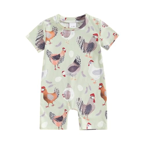 Image of Gueuusu Farm Baby Clothes Boy Girl Country Chicken Print Short Sleeve Romper Bodysuit Ribbed One Piece Jumpsuit Cute Outfit (Green, 3-6 Months)