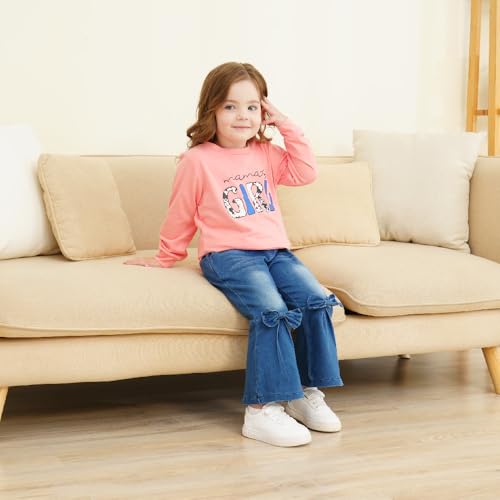 Image of Toddler Girl Clothes Long Sleeve Cartoon & Letter Graphic Top + Fruit Stationery Print Flared Leg Pants