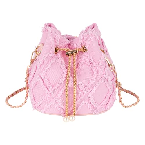 Image of Women Denim Mini Bucket Shoulder Crossbody Bag Drawstring Quilted Distressed Tassel Barrel Shape Satchel Purse