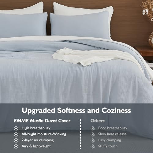 Image of EMME Muslin Cotton Duvet Cover Set Blue Twin Size Linen Like Soft Breathable Lightweight Summer Comforter Cover Set with Zipper Closure (Blue, Twin, 68 inchx90 inch)