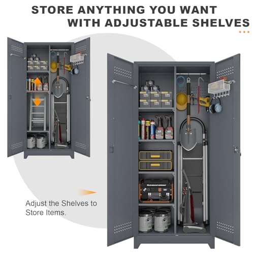 Image of Metal Tool Storage Cabinet, Broom Closet with Hooks, 72.8 inch Tall Garage Cabinet with Shelves, Heavy-Duty Cleaning Storage for Utility Room, Gym, Office, Garage