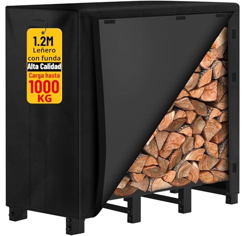 Amagabeli Leñero Exterior con Cubierta, 122x36x107 cm, Acero Reforzado, Funda Impermeable 600D Oxford, para Jardín, Patio, Chimenea, Negro