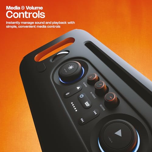 Image of Zebronics Party Speaker, 150W, AURACAST Technology, Upto 5 Hours Playtime, 4 Drivers, BT v5.4, Wireless Mic, Mic & Guitar in, RGB, Mobile Holder, Splash Proof, AUX, USB, App Support (Prima Pro)