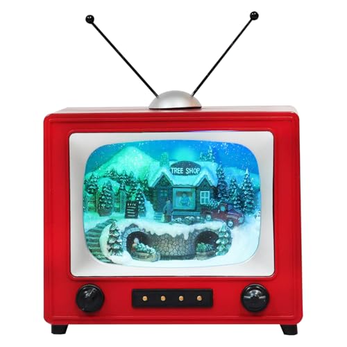 MOMENTS IN TIME 6" H Red Retro TV with Mountain Scene (Animated Train) - LED Lights - 8 Classic Carols Christmas Music - Battery Operated - Hand-Painted Resin Polyresin Injection Plastic