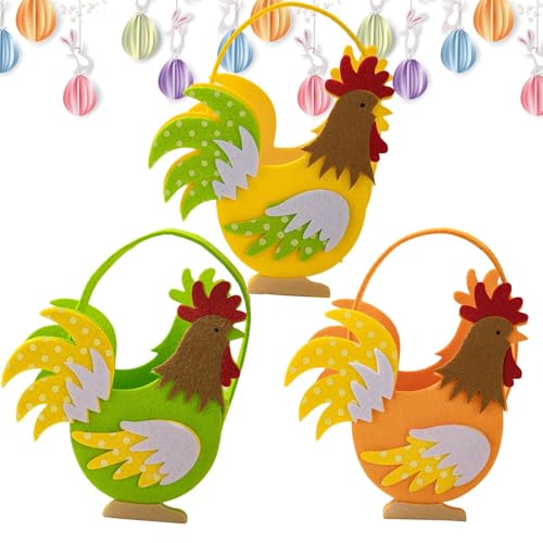 Cesta de gallo de Pascua, 3 bolsas de fieltro con bolsa de gallo de Pascua, bonito y divertido soporte para huevos de gallina con asa para niñas