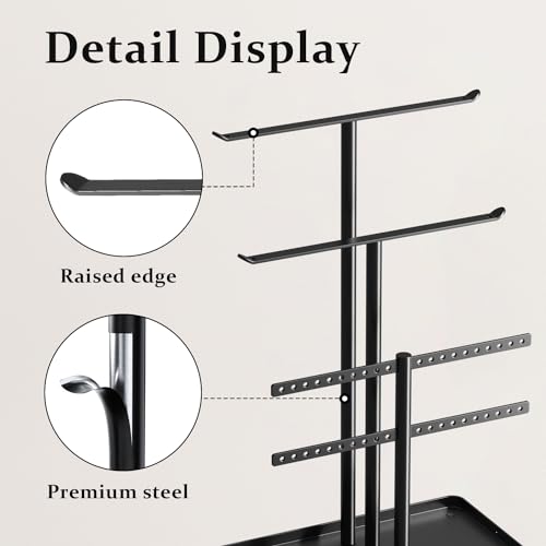 pickpiff Jewelry Stand Organizer, 12.5" Tall Sturdy Metal, 3-Tier Jewelry Holder for Necklace, Earring, Bracelet, Ring, Hanger for Display and Storage, Aesthetic Room Decor, Black