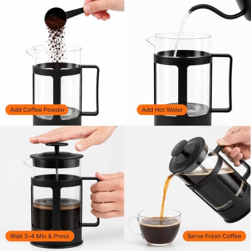 Image of French Press Coffee Maker, 600 ml | Heat-Resistant Borosilicate Glass Carafe, 4-Level Stainless Steel Filtration & Spill-Free Spout for Rich Coffee, Tea and Cold Brew | Brews rich, full-bodied coffee in minutes with a 4-level stainless-steel filter and smooth, mess-free pouring.