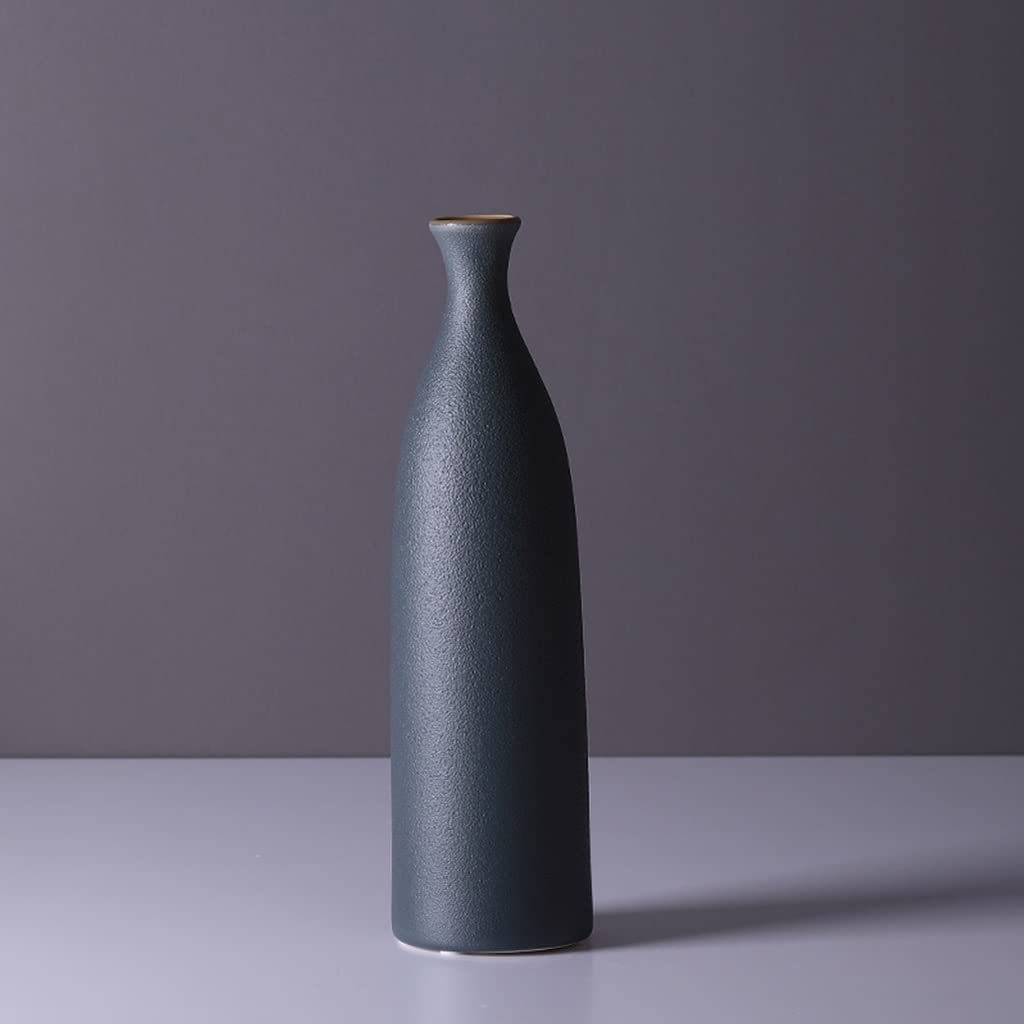 Jarrón de cerámica geométrico moderno con cuello estrecho para estantería, chimenea, decoración de entrada, jarrón de flores azul fino (33 cm x 9 cm)