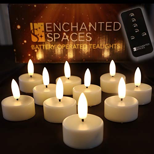 Enchanted Spaces Set of 10 Flameless LED Ivory Tealights Candles Featuring Realistic Black Wick with Daily Timer, 1 Remote Control and 10 Batteries