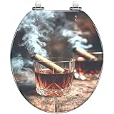 Sedile WC rotondo in resina, decorativo, per sigari, vino, whisky, liquori, natura morta, bicchiere da whisky, in legno, cerniere a sgancio rapido con chiusura silenziosa e copertura, paraco
