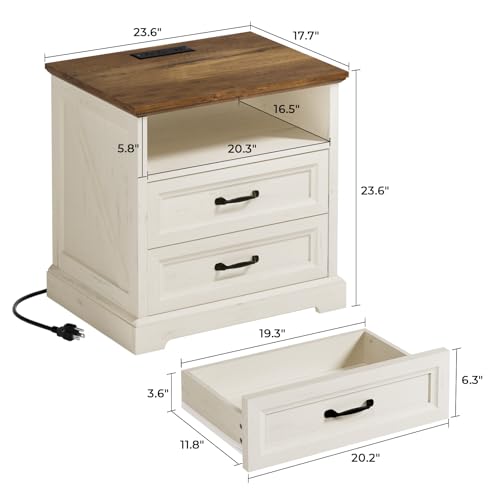Image of HOMMPA 24'' Farmhouse Nightstand with Charging Station, Bedside Tables with AC Outlets & USB Port, 2 Drawers Side Table End Table with Open Shelf, Rustic Wood Night Stand for Bedroom, Rustic White
