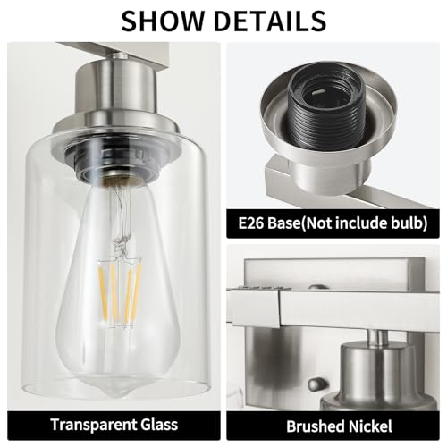 Image of Bathroom Vanity Light, 4-Light Nickel Modern Matte Wall Sconce Lighting with Clear Glass Shade, Wall Lights,Bath Vintage Wall Mounted Lamps for Mirror Bedroom Living Room