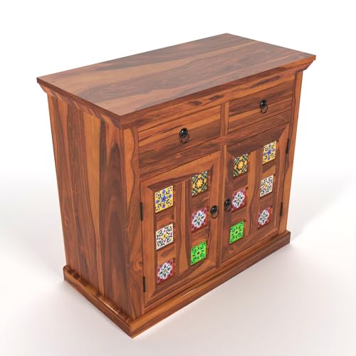 Image of Solid Sheesham Wood Sideboard Cabinet with Doors 2 Rack & 2 Drawers | Wooden Storage Cabinet for Living Room & Dining Room (Honey Finish)