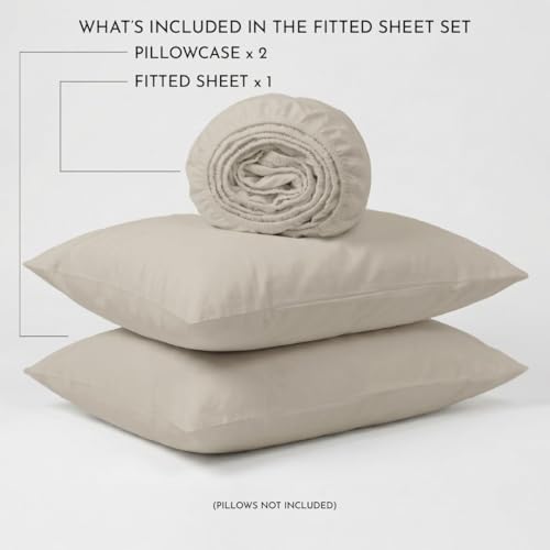 Image of Blue Dahlia 100% Cotton, King Size /Double, Elastic Fitted Bedsheet (72 inchx78 inch) + 2 Pillow Covers, Percale Weave, Fits Upto 10 inch Mattress, 200TC Solid Premium Bedsheet, Colour: Beige