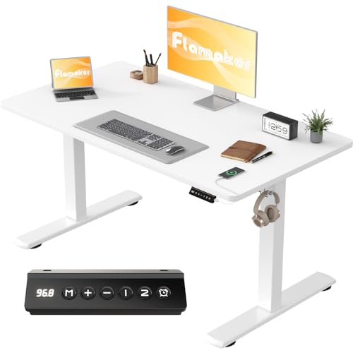 Flamaker Höhenverstellbarer Schreibtisch Ganze Tischplatte 110 x 53 cm, Schreibtisch Höhenverstellbar Elektrisch mit Memory Steuerung, Gaming Tisch mit Sitzende Erinnerung und USB-Aufladung (Weiß)