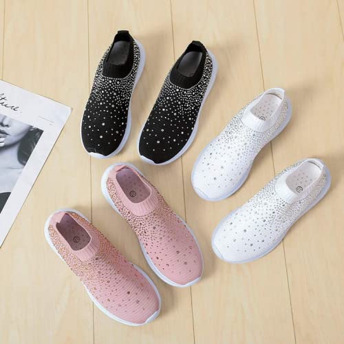 Hindola Women's Mesh Walking Shoes Rhinestone Glitter Slip On Ballroom Jazz Latin Dance Sock Sneakers Casual Shoes White #TOP6
