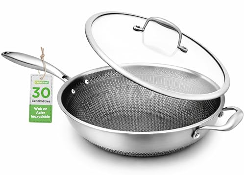 NutriChef-Wok 30 cm, Poêle wok en Acier Inoxydable, Couvercle en Verre, Revêtement Antiadhésif, Résistant aux Rayures,Pour Induction, Gaz, Electricité et Céramique