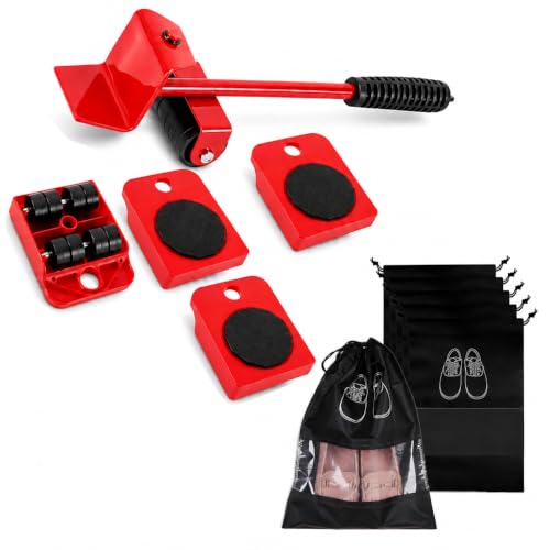 Image of Combo of Red Furniture Lifter and Mover Tool Set with (Shoes Cover bag), Wheels for Heavy Furniture, Heavy Duty Furniture Mover Rollers, Bed Lifter Tool, Heavy Appliances Mover for Home