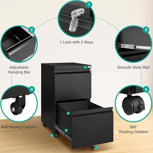 Image of SISESOL Assembled 2 Drawer File Cabinet on Wheels,Metal Filing Cabinet with Lock,Black Rolling File Cabinets,Under Desk Office Cabinets for Home Office,Fit A4 /Letter /Legal,Pre-Assembled Except Caster