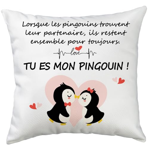 FLYWIND Cadeau Saint Valentin Femme Homme pour Couple Amoureux, Idée Cadeaux pour Copain Anniversaire Housse de Coussin Pingouin 45x45cm Cadeau pour...