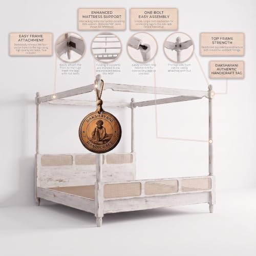 Image of Sheesham Solid Wood Allure Poster Bed for Bedroom | Handmade Wooden Cot | Elegant Four Poster King Size Bed Frame (Rustic White, Queen, Allure (Cane 1))
