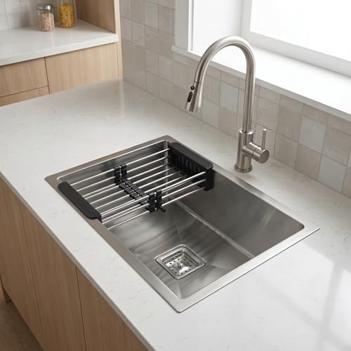 Image of Gloxy 304 Grade Stainless Steel Premium Kitchen Sink 24x18x9 Inches With Matte Finish - Handmade Kitchen SInk - Heavy Duty Sink with Coupling Pipe and Drain Basket - 3 Years Warranty